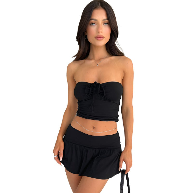 Womens Suits Summer Sleeveless Tube Top And Pleating Skirt Mid Length Dress Set Dresses