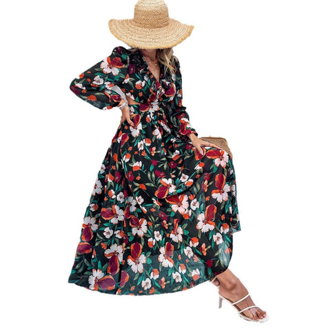 Women's Clothing Holiday Floral Print V-Neck Dress