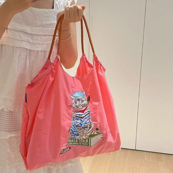 Japanese Painter Cat Embroidery Shopping Bag Nylon Blue Beige Pink Square Women's Bags & Handbags