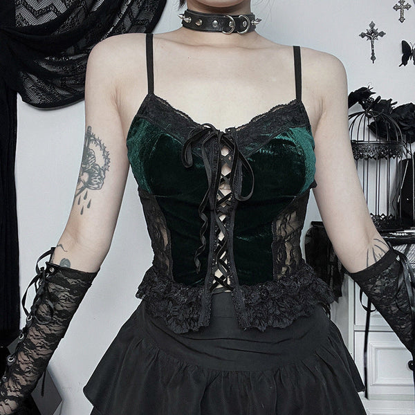 Altgoth Fairy Grunge Mall Goth Velvet Camis Women Streetwear Coquette Y2k E-Girl Lace Patchwork Hollow Out Corset Crop Tank Tops