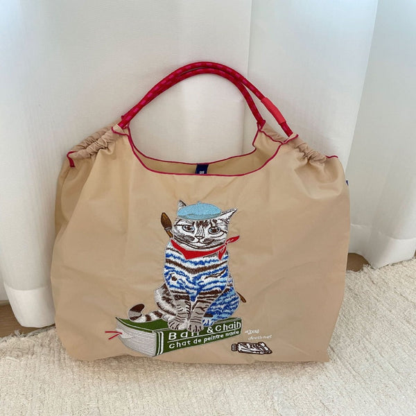 Japanese Painter Cat Embroidery Shopping Bag Nylon Blue Beige Pink Square Women's Bags & Handbags