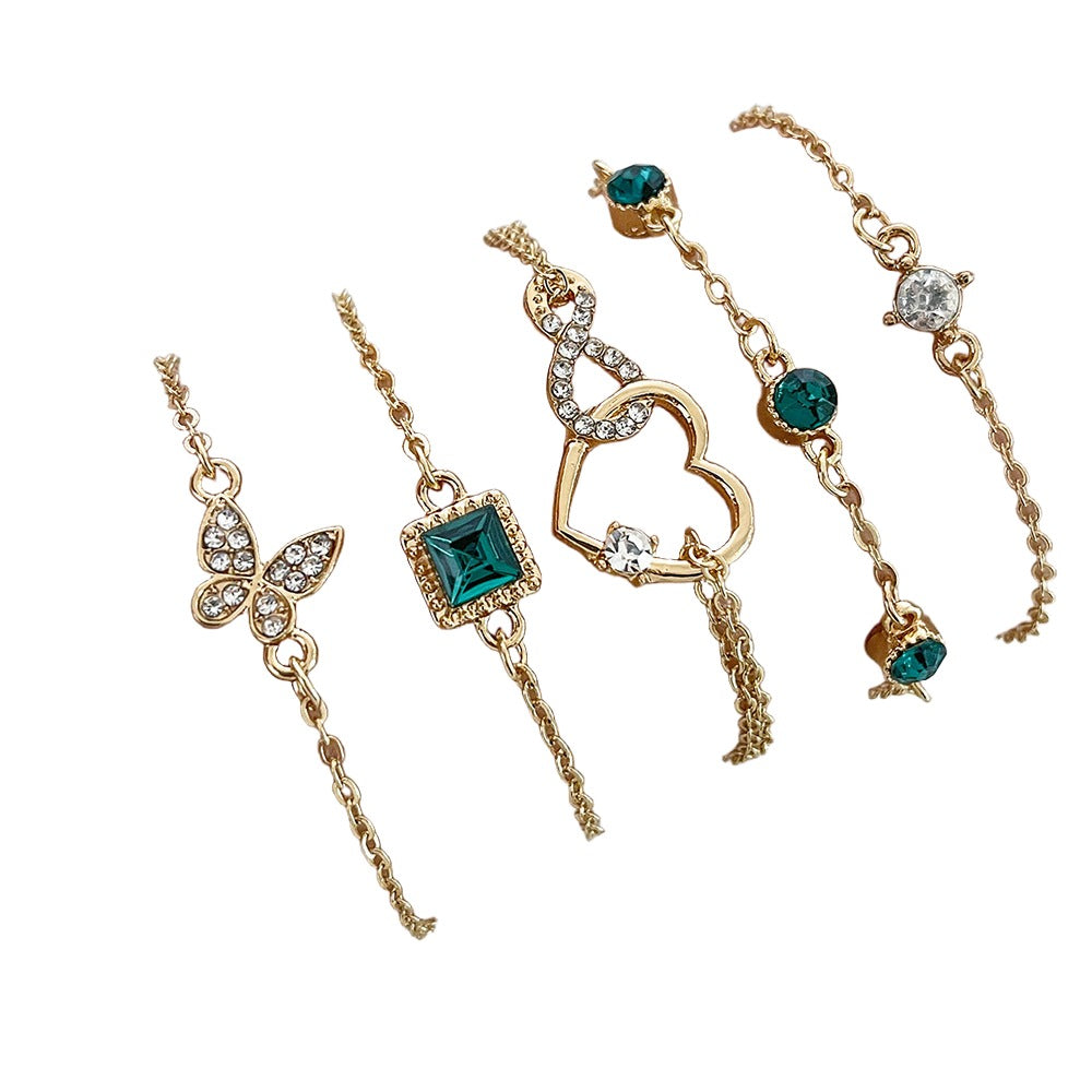 Veile Studios Bohemian 5Pc Green Crystal Jewelry Set For Women Heart Wedding Engagement Fashion Bracelets