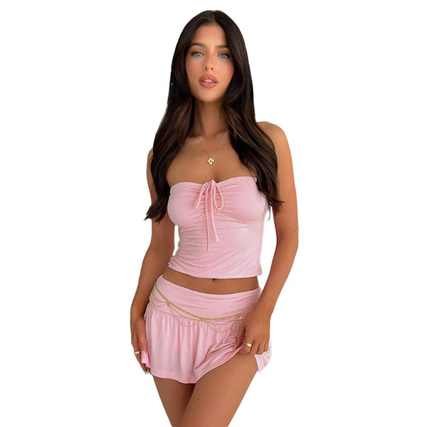 Womens Suits Summer Sleeveless Tube Top And Pleating Skirt Mid Length Dress Set Dresses