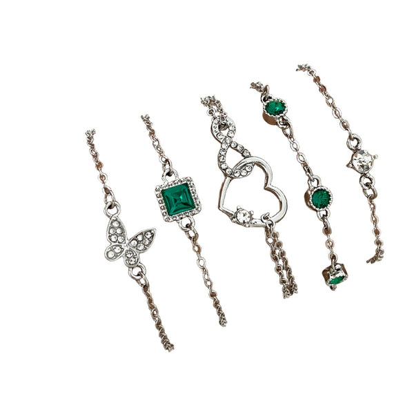 Veile Studios Bohemian 5Pc Green Crystal Jewelry Set For Women Heart Wedding Engagement Fashion Bracelets