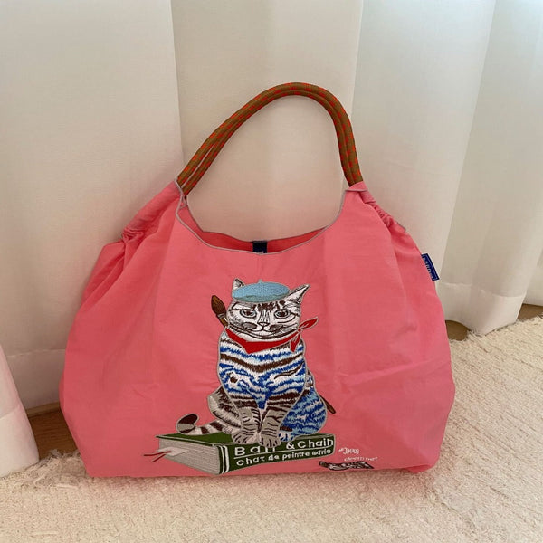 Japanese Painter Cat Embroidery Shopping Bag Nylon Blue Beige Pink Square Women's Bags & Handbags
