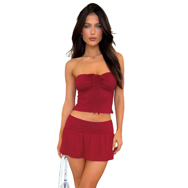 Womens Suits Summer Sleeveless Tube Top And Pleating Skirt Mid Length Dress Set Dresses