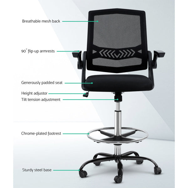Artiss Office Chair Veer Drafting Stool Mesh Chairs Flip Up Armrest Black Office Chairs