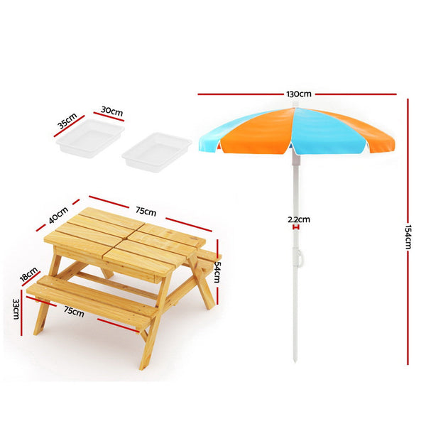 Keezi Kids Outdoor Table And Chairs Picnic Bench Set Umbrella Water Sand Pit Box Patio Furniture Sets