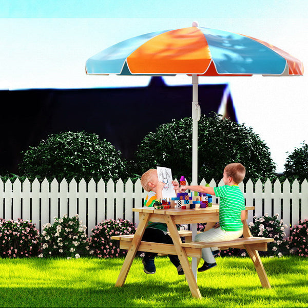 Keezi Kids Outdoor Table And Chairs Picnic Bench Set Umbrella Water Sand Pit Box Patio Furniture Sets