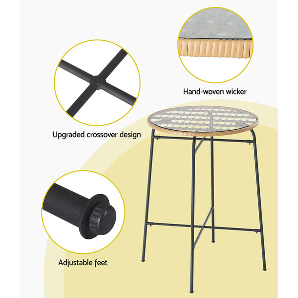 Gardeon Outdoor Bar Table Wicker Dining Bistro Patio Balcony Glass Steel Bar Tables
