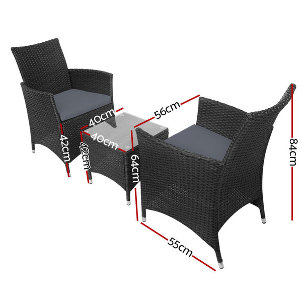 Gardeon 3 Piece Wicker Outdoor Furniture Set Black Patio Furniture Sets