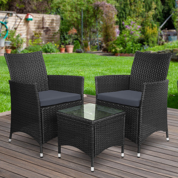 Gardeon 3 Piece Wicker Outdoor Furniture Set Black Patio Furniture Sets