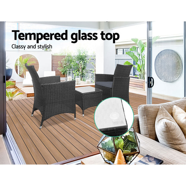 Gardeon 3 Piece Wicker Outdoor Furniture Set Black Patio Furniture Sets