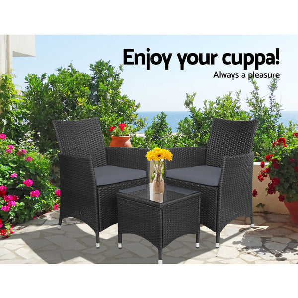 Gardeon 3 Piece Wicker Outdoor Furniture Set Black Patio Furniture Sets