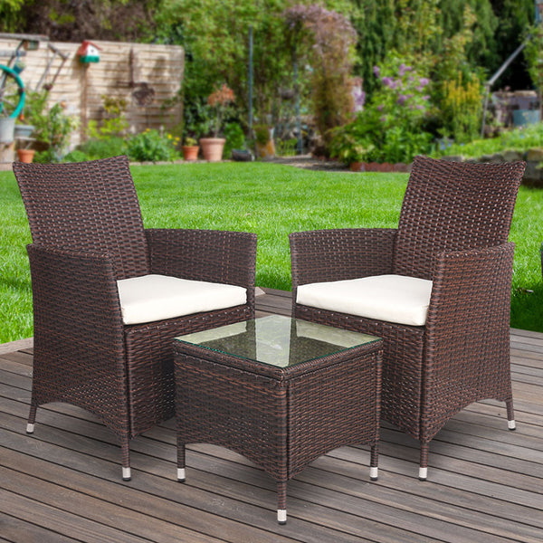 Gardeon 3 Piece Wicker Outdoor Furniture Set Brown Patio Furniture Sets