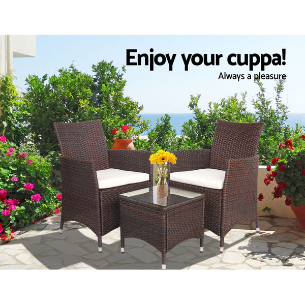 Gardeon 3 Piece Wicker Outdoor Furniture Set Brown Patio Furniture Sets