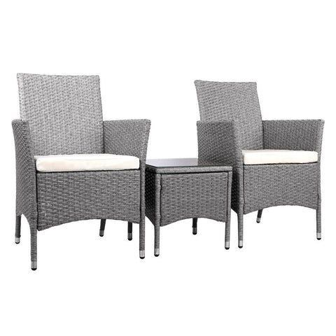 Gardeon 3 Piece Wicker Outdoor Chair Side Table Furniture Set - Grey