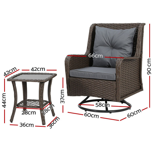 Gardeon 3Pc Outdoor Furniture Bistro Set Lounge Wicker Swivel Chairs Table Cushion Brown Patio Furniture Sets