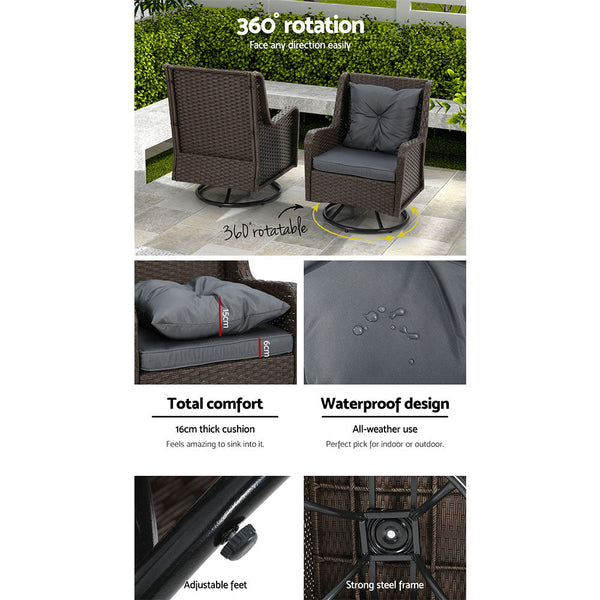 Gardeon 3Pc Outdoor Furniture Bistro Set Lounge Wicker Swivel Chairs Table Cushion Brown Patio Furniture Sets