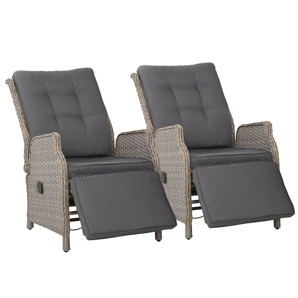 Gardeon Set Of 2 Recliner Chairs Sun Lounge Outdoor Furniture Setting Patio Wicker Sofa Grey Patio Chairs