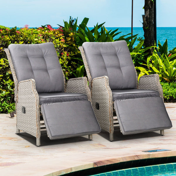 Gardeon Set Of 2 Recliner Chairs Sun Lounge Outdoor Furniture Setting Patio Wicker Sofa Grey Patio Chairs