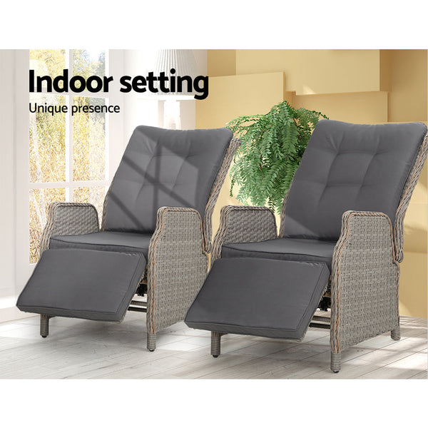 Gardeon Set Of 2 Recliner Chairs Sun Lounge Outdoor Furniture Setting Patio Wicker Sofa Grey Patio Chairs