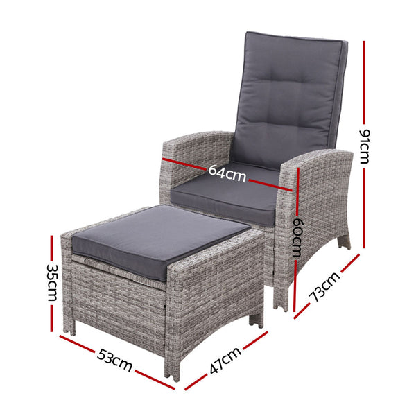 Gardeon Sun Lounge Recliner Chair Wicker Lounger Sofa Day Bed Outdoor Furniture Patio Garden Cushion Ottoman Grey