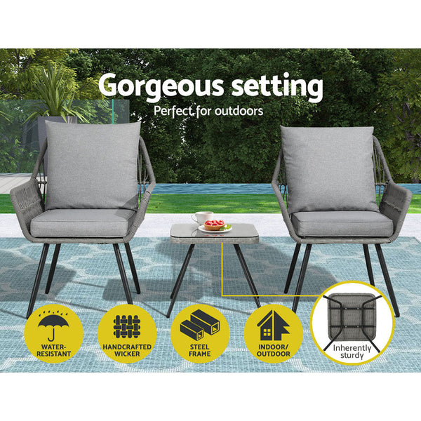 Gardeon Outdoor Furniture 3-Piece Lounge Setting Chairs Table Bistro Patio
