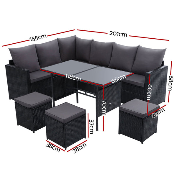 Gardeon Outdoor Furniture Dining Setting Sofa Lounge Wicker 9 Seater Black