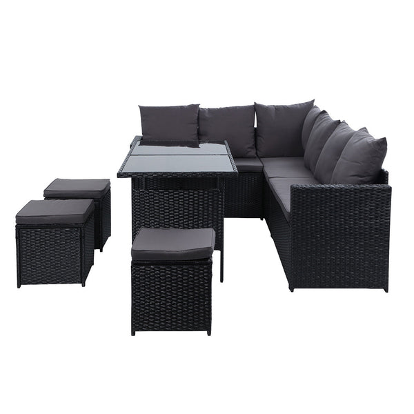 Gardeon Outdoor Furniture Dining Setting Sofa Lounge Wicker 9 Seater Black