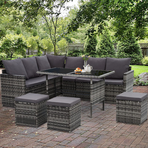 Gardeon Outdoor Furniture Dining Setting Sofa Wicker 9 Seater Storage Cover Mixed Grey