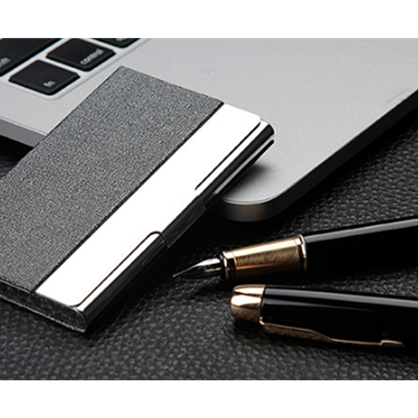 Aluminum Pu Leather Business Credit Card Holder Office Metal For Men Women Grey