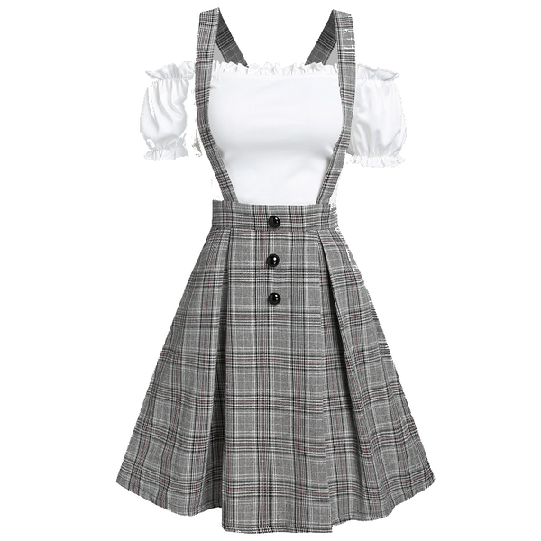 Off The Shoulder Tee And Crisscross Plaid Suspender Skirt Set Two Piece Dress Outfits & Sets