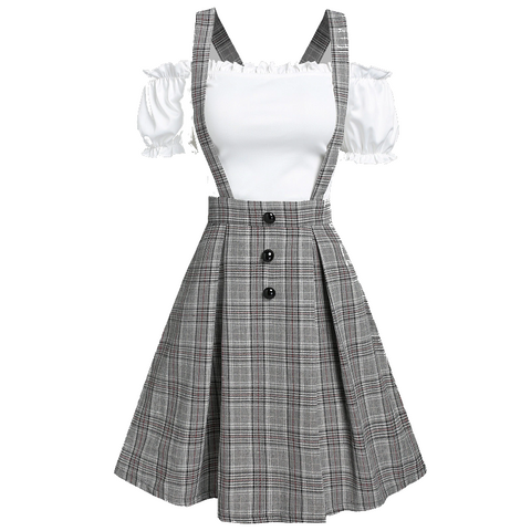 Off The Shoulder Tee And Crisscross Plaid Suspender Skirt Set Two Piece Dress Top