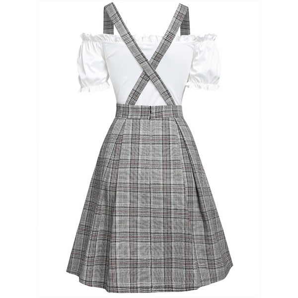 Off The Shoulder Tee And Crisscross Plaid Suspender Skirt Set Two Piece Dress Outfits & Sets
