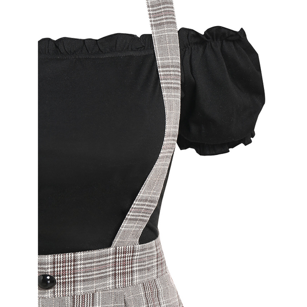 Off The Shoulder Tee And Crisscross Plaid Suspender Skirt Set Two Piece Dress Outfits & Sets