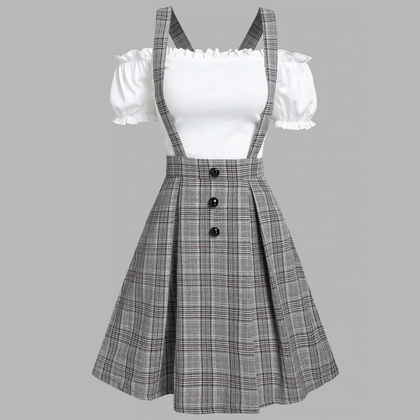 Off The Shoulder Tee And Crisscross Plaid Suspender Skirt Set Two Piece Dress Outfits & Sets