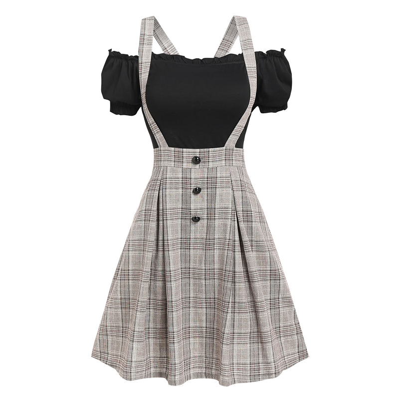 Off The Shoulder Tee And Crisscross Plaid Suspender Skirt Set Two Piece Dress Outfits & Sets