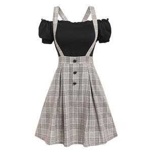 Off The Shoulder Tee And Crisscross Plaid Suspender Skirt Set Two Piece Dress Top