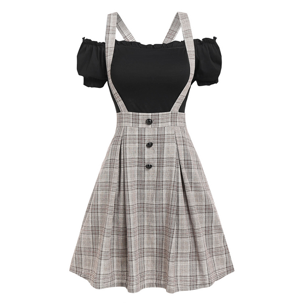 Off The Shoulder Tee And Crisscross Plaid Suspender Skirt Set Two Piece Dress Outfits & Sets