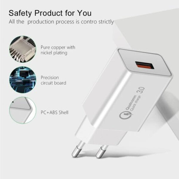 1 Port Usb Qc3.0 Fast Charging Unicersal Phone Charger For Andriod Ios Type Cable White