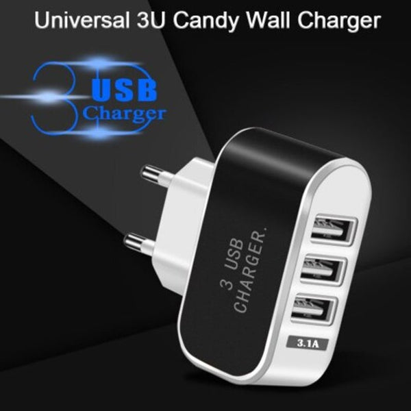 3 Usb Charger Fast Charging Lighting Candy Color Universal For Mobile Phone Black
