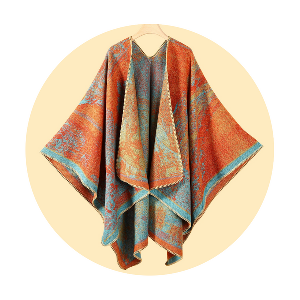 Jiangnan Waterfront Orange Blue Elegant Autumn Winter Shawl Artistic Split Design Knit Cloak With Oil Painting Style Scarves & Wraps