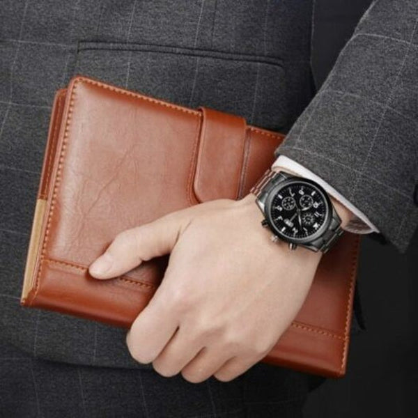 Veile Studios Men Fashion Stainless Steel Band Sports Watch With Calendar Black Watches