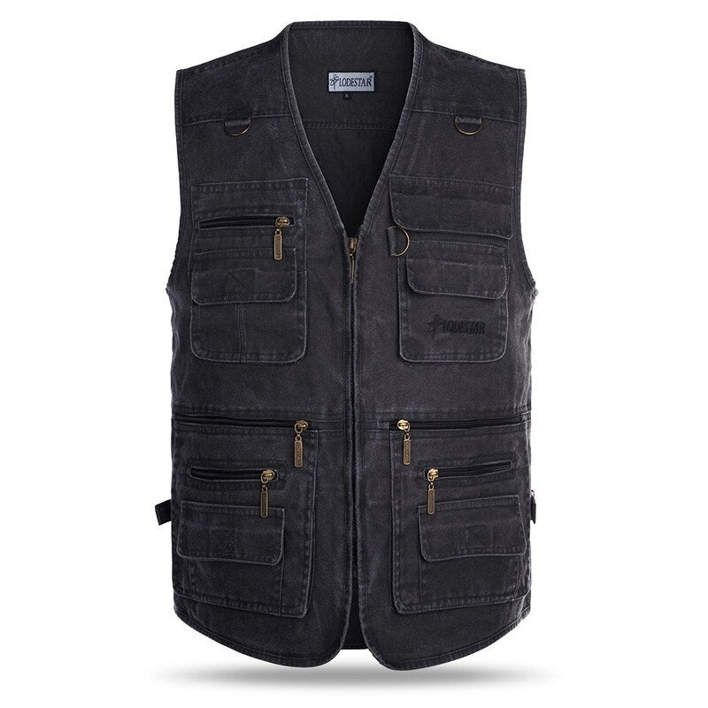 Outdoor Sleeveless Zipper Fishing Jacket Multi Pockets Denim Vest Black Vests