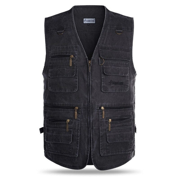 Outdoor Sleeveless Zipper Fishing Jacket Multi Pockets Denim Vest Black Vests