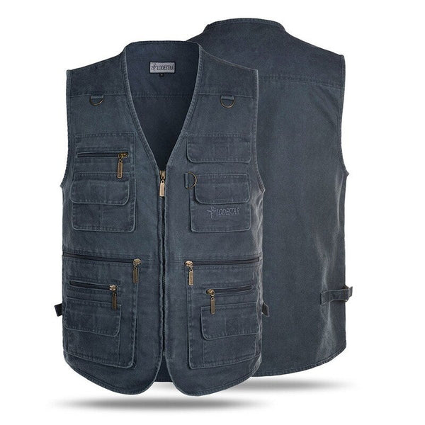 Outdoor Sleeveless Zipper Fishing Jacket Multi Pockets Denim Vest Blue