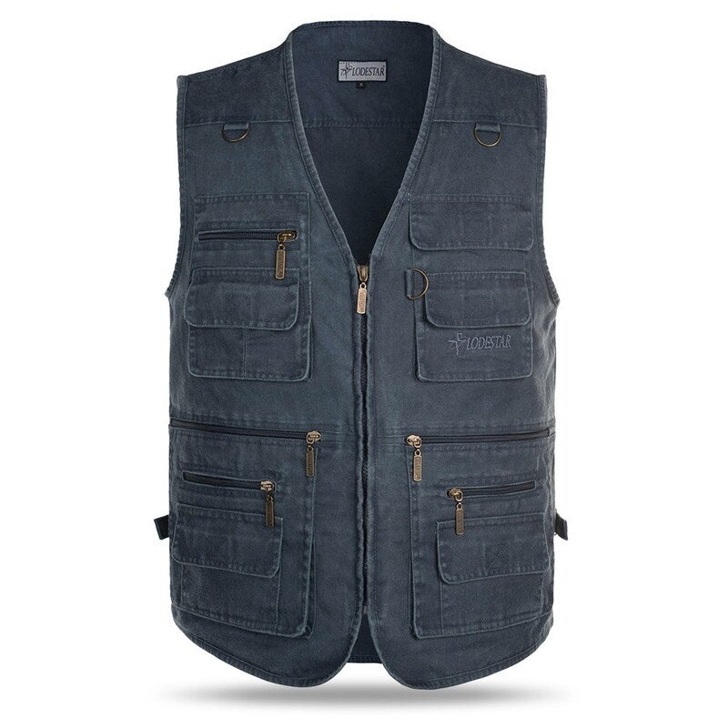 Outdoor Sleeveless Zipper Fishing Jacket Multi Pockets Denim Vest Blue Vests