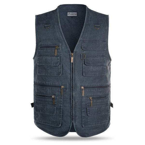Outdoor Sleeveless Zipper Fishing Jacket Multi Pockets Denim Vest Blue Vests
