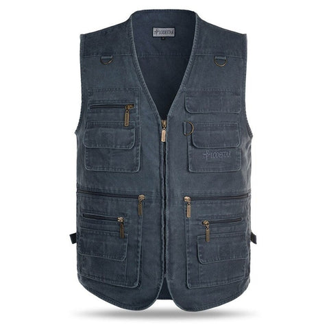 Outdoor Sleeveless Zipper Fishing Jacket Multi Pockets Denim Vest Blue Vests